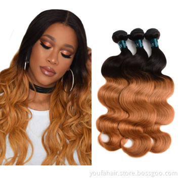 Cambodian 100% Human Hair Weave Ombre Color Brown 1B/30# Body Wave Cuticle Aligned Virgin Hair Bundles With Lace Closure Front
